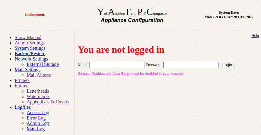 An image of the YAFPC (Yet Another Free PDF Composer) appliance