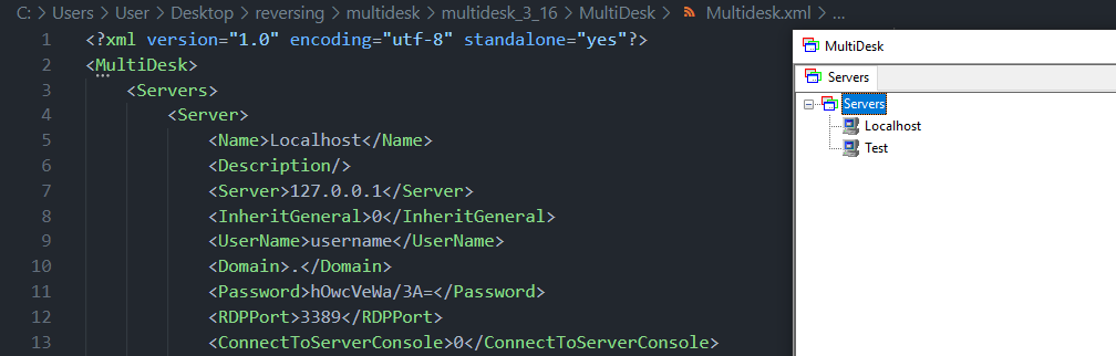Image showing generated XML data and the MultiDesk application side-by-side