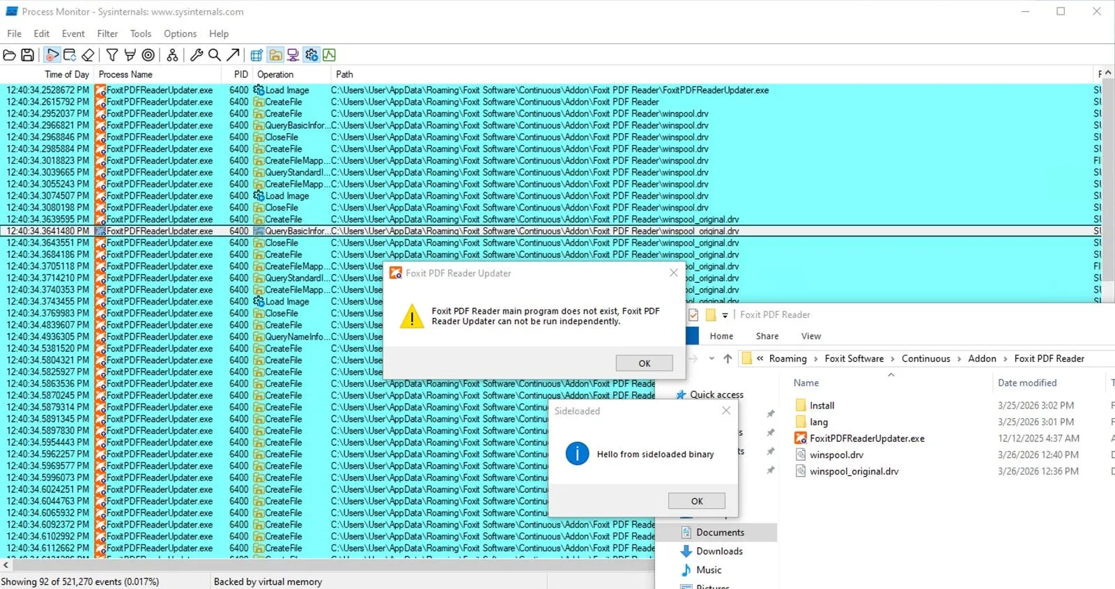 Successfully side-loading the FoxitPDFReaderUpdater.exe process