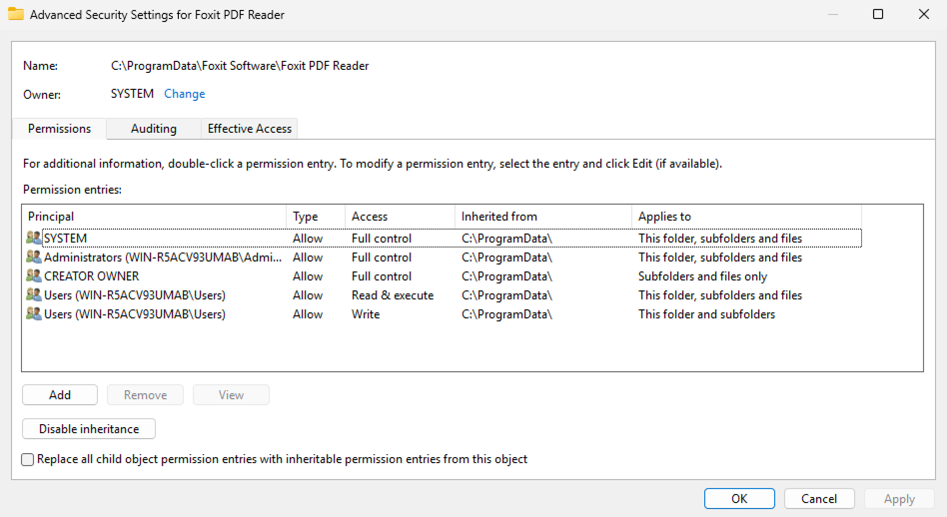 The Users group has write rights in the ProgramData folder