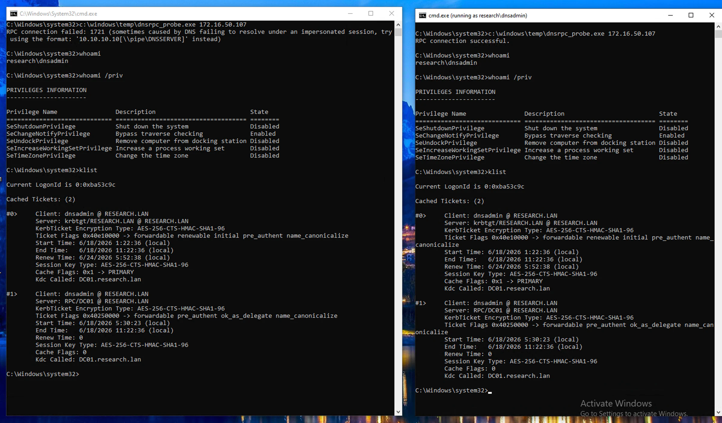 Leftmost terminal created with CreateProcessWithTokenW, the right with runas