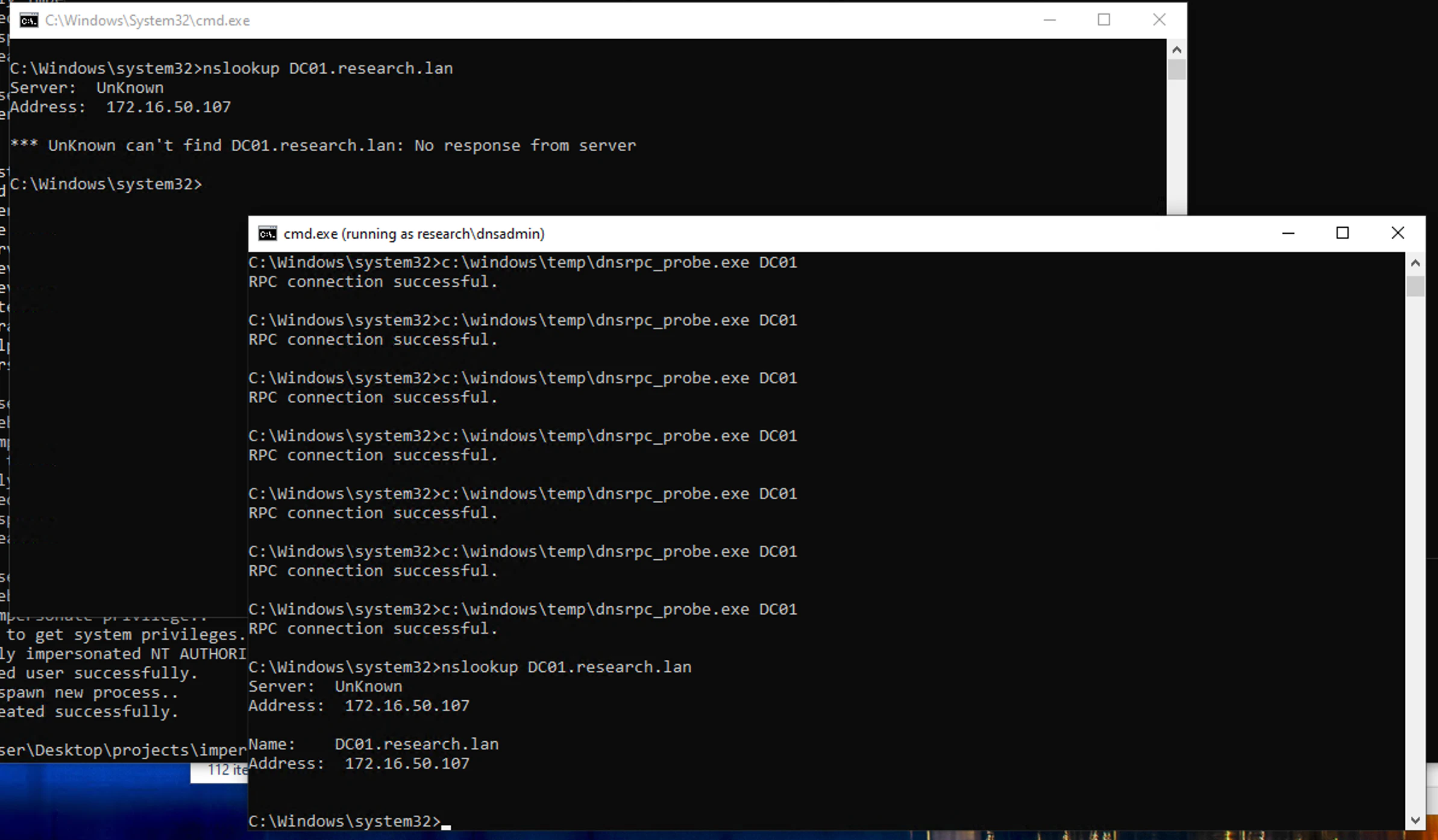 Wait what? DNS is broken in my terminal created with CreateProcessWithTokenW but not the other??
